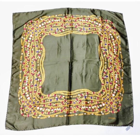 Authentic CHANEL Olive Green Multi Color 100% Silk Scarf - Picture 2 of 6
